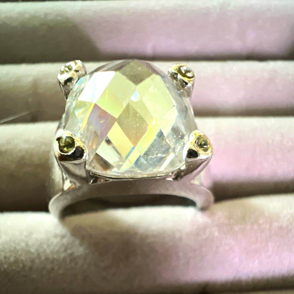 Vintage Silver Tone CushionCut Clear Crystal Prong Set Solitaire Cocktail Ring 7